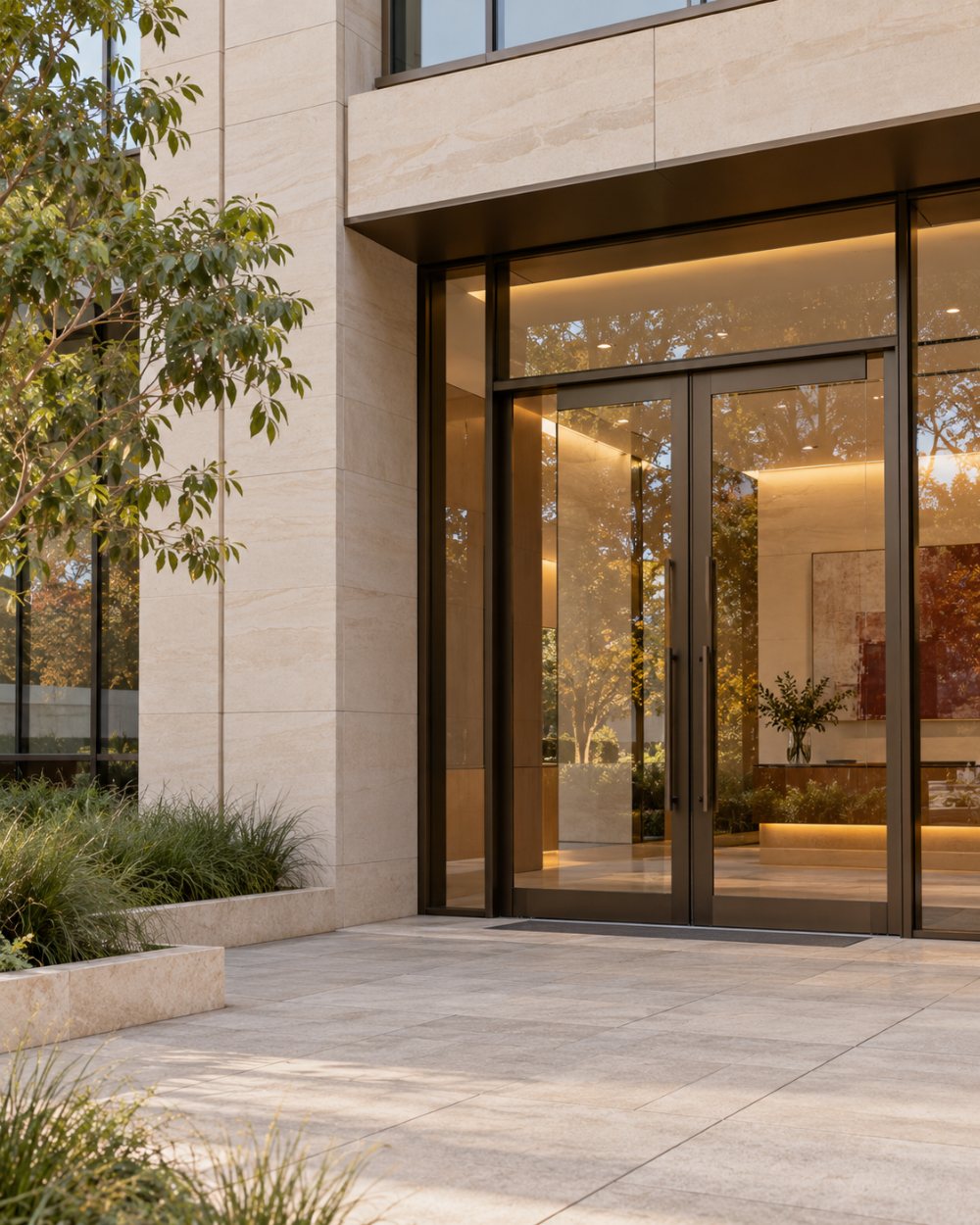 The street entrance of the office building on Knowles Place