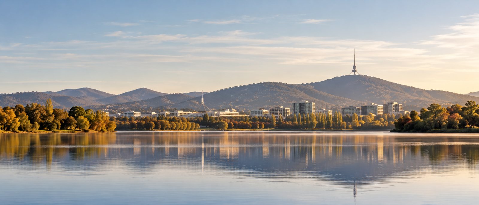 Lake Burley Griffin and central Canberra in early morning light