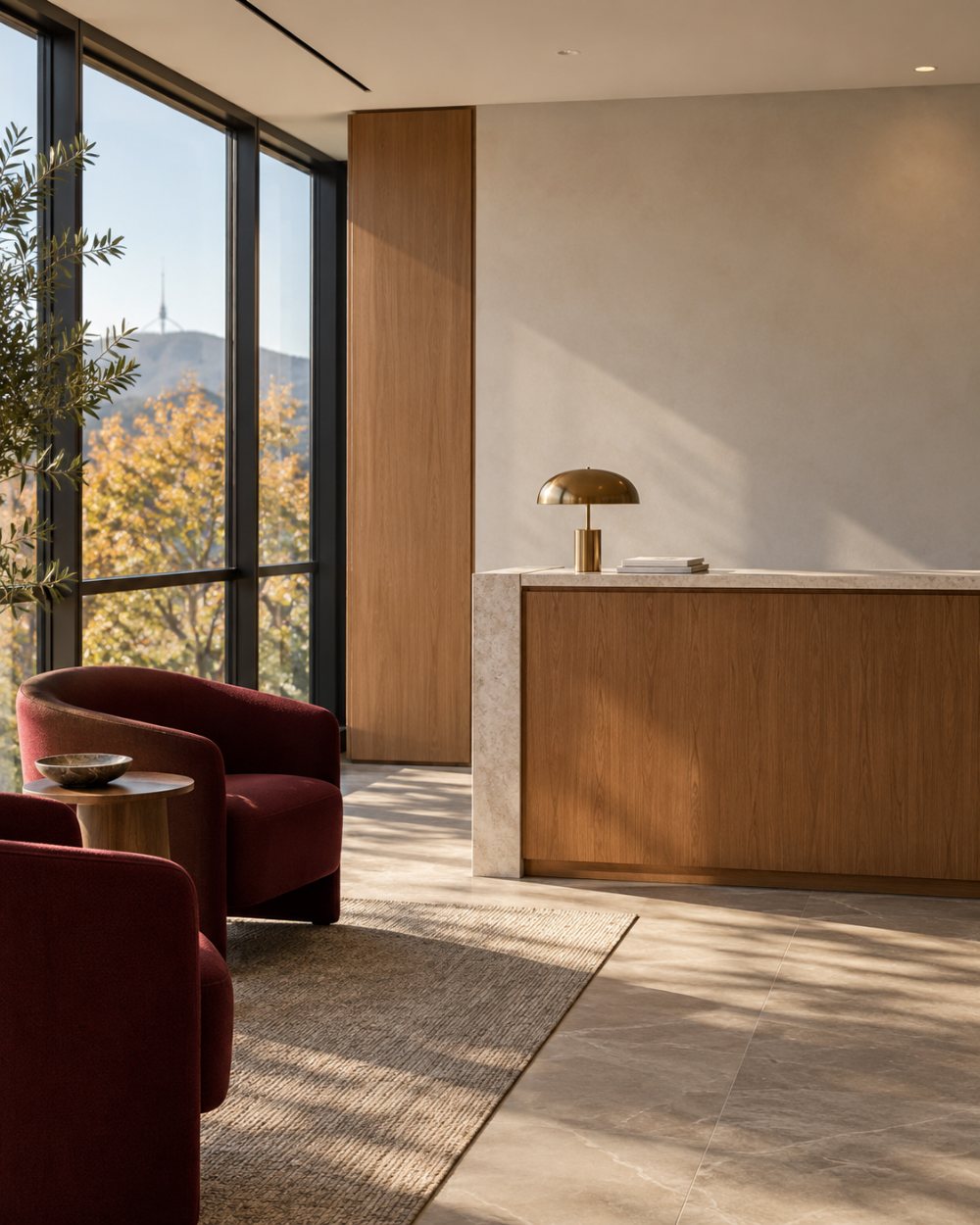 The reception area at Burley Walsh, with oak joinery and soft window light
