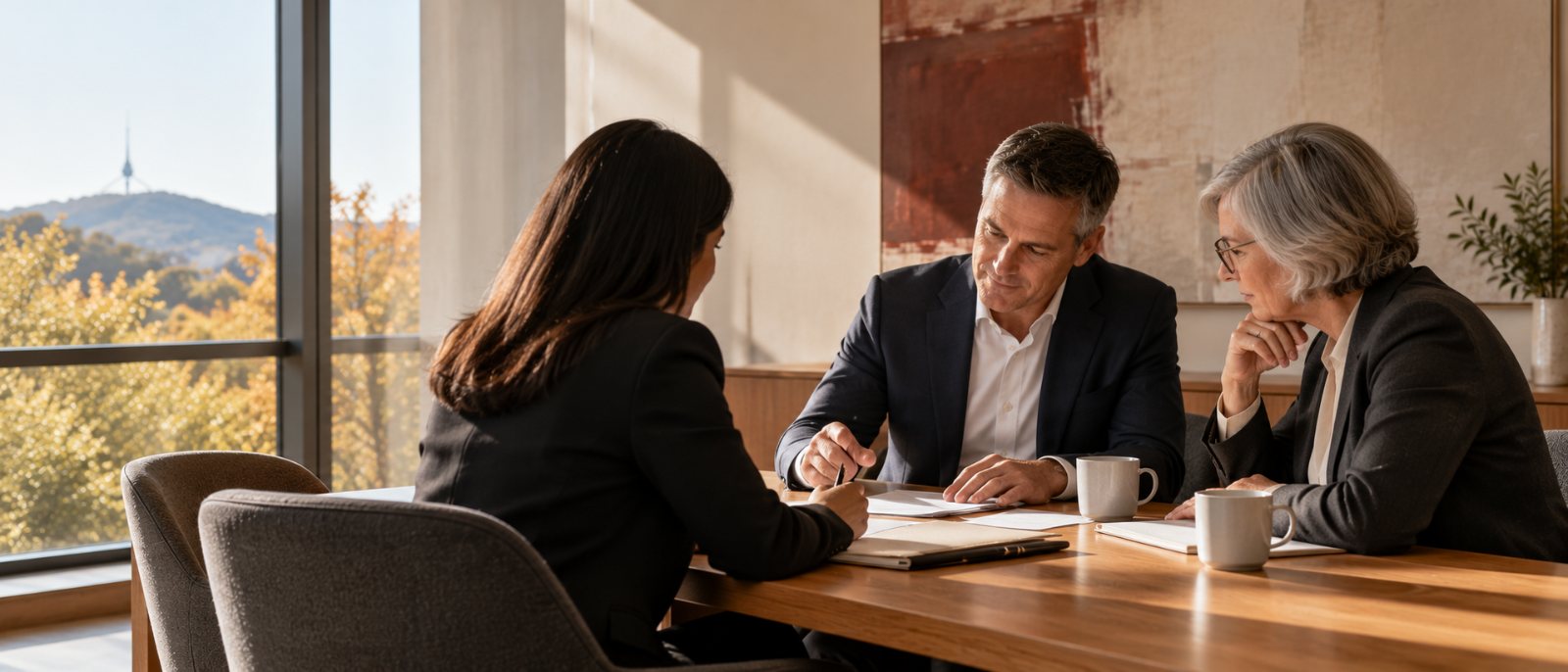 Lawyers at Burley Walsh discussing a matter around a meeting table